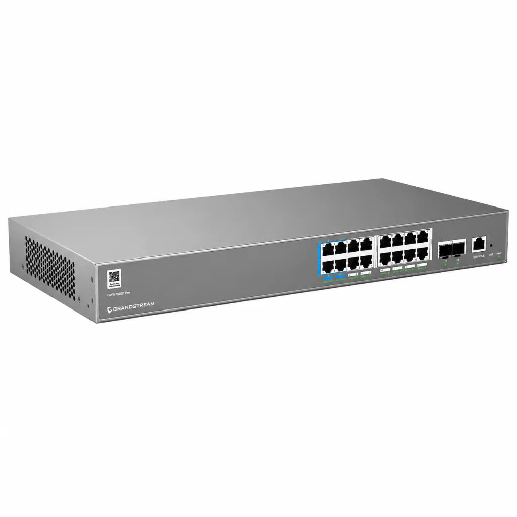 Left angled view of Grandstream GWN7802P Pro Layer 2++ managed PoE switch with 16 Gigabit ports and 10G SFP+ uplinks
