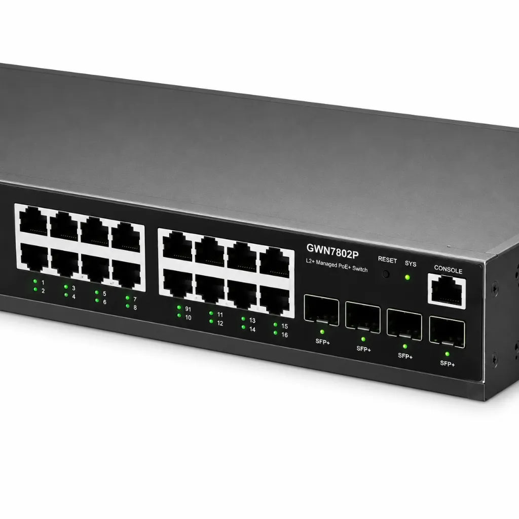 Close-up of Grandstream GWN7802P 16 Gigabit PoE+ RJ45 ports, 4 SFP uplink ports and console port