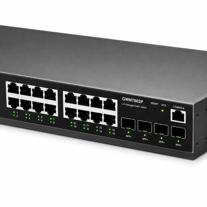 Close-up of Grandstream GWN7802P 16 Gigabit PoE+ RJ45 ports, 4 SFP uplink ports and console port