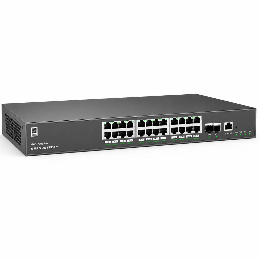 Angled view of Grandstream GWN7803 Pro 24 Port managed Gigabit Ethernet switch with dual 10G fiber uplink ports.