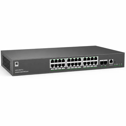 Angled view of Grandstream GWN7803 Pro 24 Port managed Gigabit Ethernet switch with dual 10G fiber uplink ports.