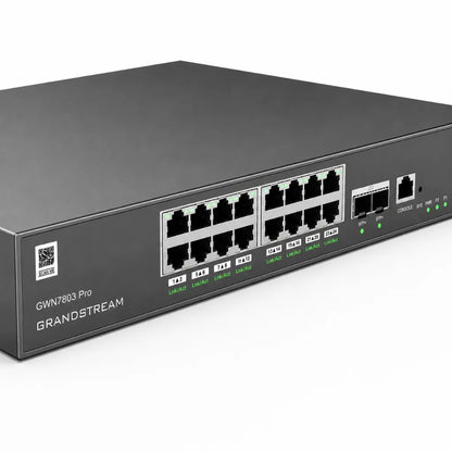Left angled close-up of Grandstream GWN7803 Pro enterprise managed Gigabit switch with 24 Ethernet ports and 10G SFP+ uplinks.