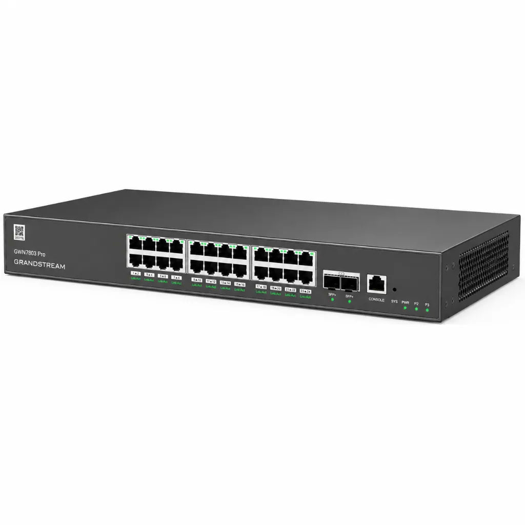 Perspective view of Grandstream GWN7803 Pro Layer 2++ managed network switch designed for enterprise and SMB networking.