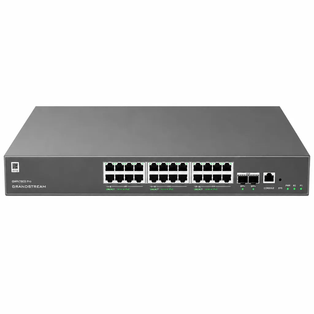 Front view of Grandstream GWN7803 Pro managed Gigabit Ethernet switch featuring 24 RJ45 ports and dual 10G SFP+ uplinks.
