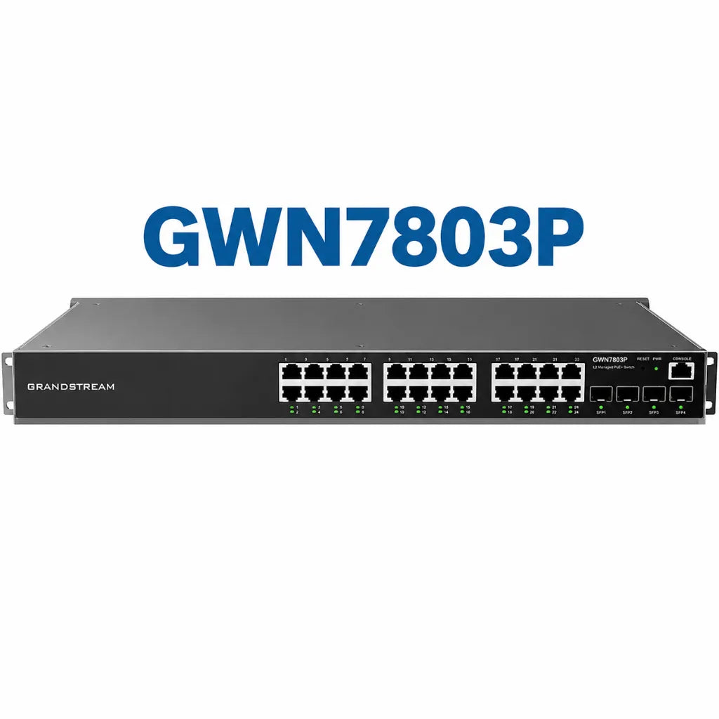 Grandstream GWN7803P 24-Port Gigabit PoE+ Layer 2+ Managed Network Switch front view with 4 SFP uplink ports.