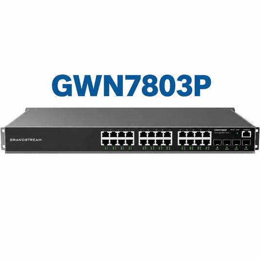 Grandstream GWN7803P 24-Port Gigabit PoE+ Layer 2+ Managed Network Switch front view with 4 SFP uplink ports.