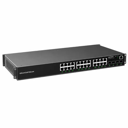 Left angled view of the Grandstream GWN7803P Layer 2+ managed 24-port Gigabit PoE switch with SFP uplink ports.