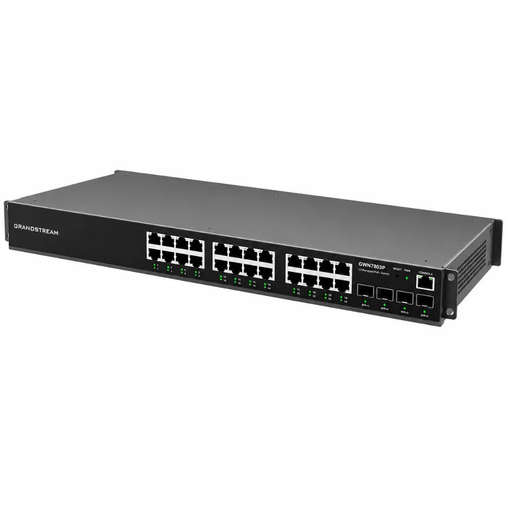 Right angled view of the Grandstream GWN7803P 24-Port Gigabit PoE managed network switch for business networking.