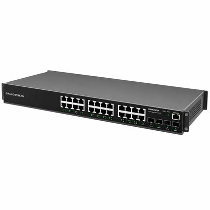 Right angled view of the Grandstream GWN7803P 24-Port Gigabit PoE managed network switch for business networking.