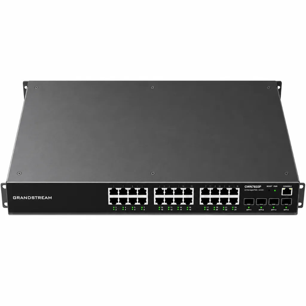 Top front perspective of the Grandstream GWN7803P Layer 2+ managed Gigabit PoE switch with 24 Ethernet ports and 4 SFP ports.