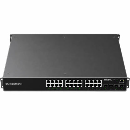 Top front perspective of the Grandstream GWN7803P Layer 2+ managed Gigabit PoE switch with 24 Ethernet ports and 4 SFP ports.