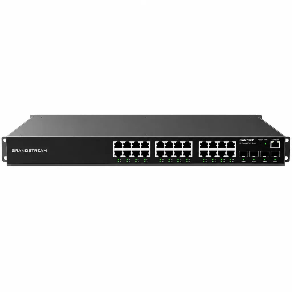 Front view of Grandstream GWN7803P managed Gigabit PoE switch featuring 24 PoE+ Ethernet ports and 4 Gigabit SFP uplinks.