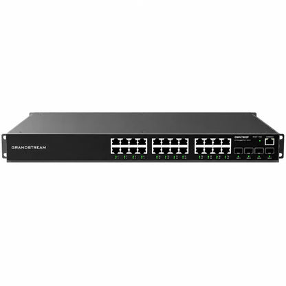 Front view of Grandstream GWN7803P managed Gigabit PoE switch featuring 24 PoE+ Ethernet ports and 4 Gigabit SFP uplinks.