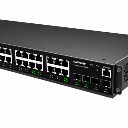 Close-up of the Grandstream GWN7803P showing Gigabit SFP uplink ports, console port, reset button, and front panel LEDs.
