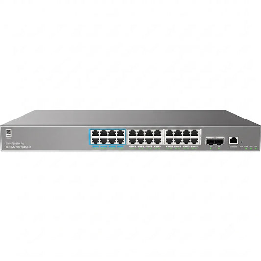 Front view of the Grandstream GWN7803PH Pro 24-port Layer 2++ managed PoE switch with Gigabit Ethernet ports, dual SFP+ uplinks, and console port.