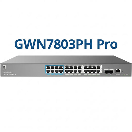 Grandstream GWN7803PH Pro Layer 2++ managed PoE switch with 24 Gigabit Ethernet ports and dual SFP+ uplink ports front view on white background.