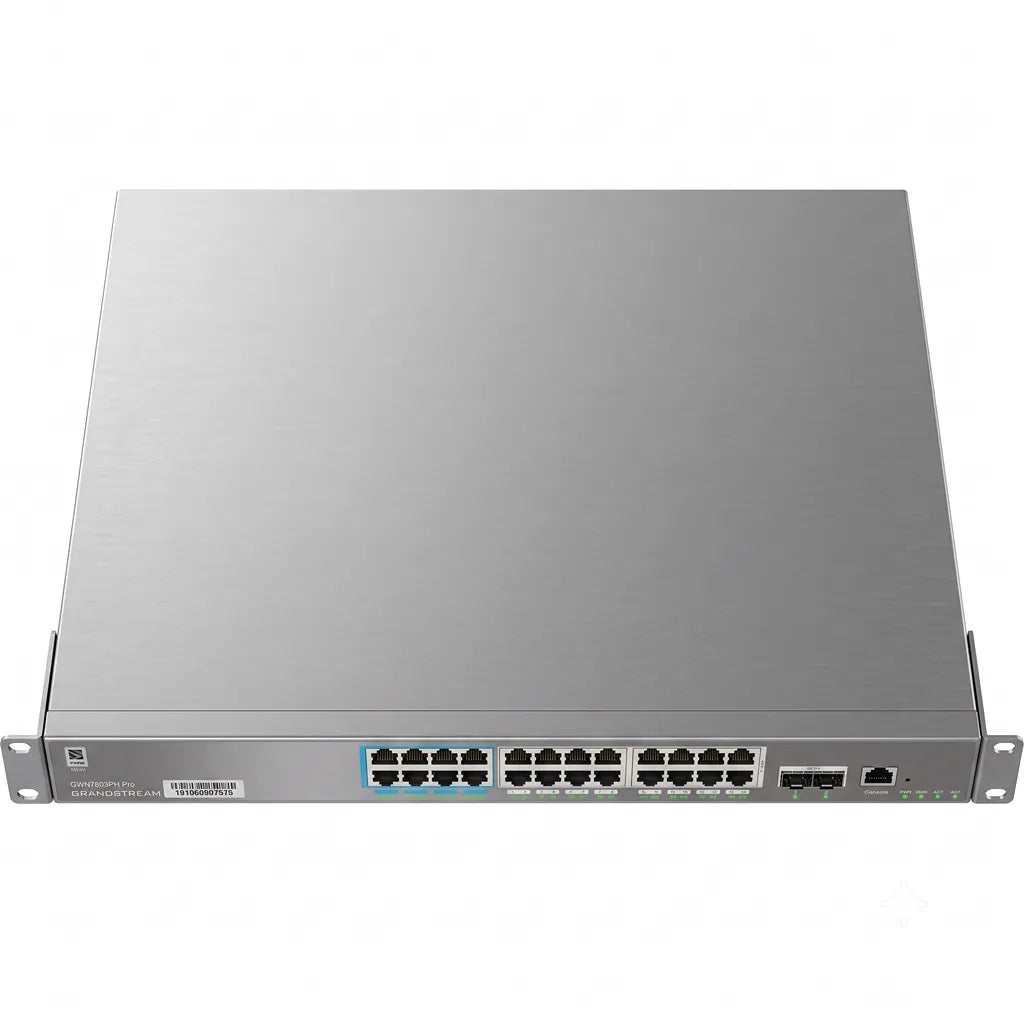 Top perspective view of the Grandstream GWN7803PH Pro managed PoE network switch showing its metal rackmount chassis and front network interfaces.