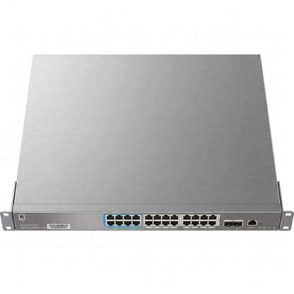 Top perspective view of the Grandstream GWN7803PH Pro managed PoE network switch showing its metal rackmount chassis and front network interfaces.