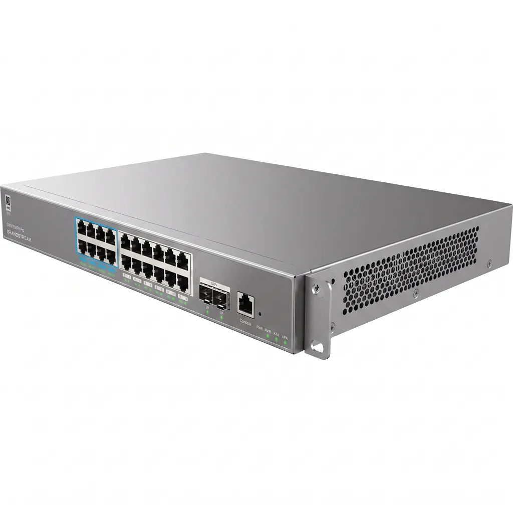 Right angle view of the Grandstream GWN7803PH Pro Layer 2++ managed PoE switch showing ventilation, rackmount brackets, Gigabit Ethernet ports, and dual SFP+ uplinks.