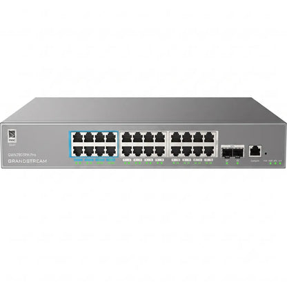Close-up front view of the Grandstream GWN7803PH Pro enterprise managed network switch featuring 24 Gigabit Ethernet ports, dual SFP+ uplinks, and LED indicators.