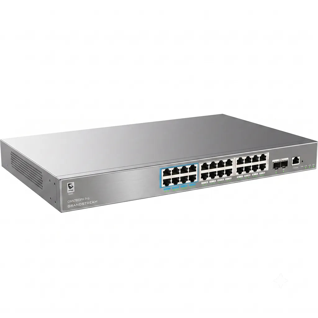 Left angle view of the Grandstream GWN7803PH Pro rackmount managed PoE switch with durable metal enclosure and enterprise networking ports.
