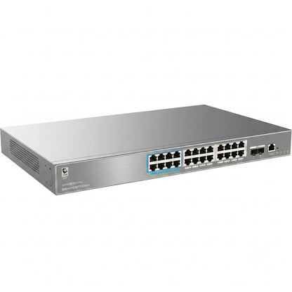 Left angle view of the Grandstream GWN7803PH Pro rackmount managed PoE switch with durable metal enclosure and enterprise networking ports.