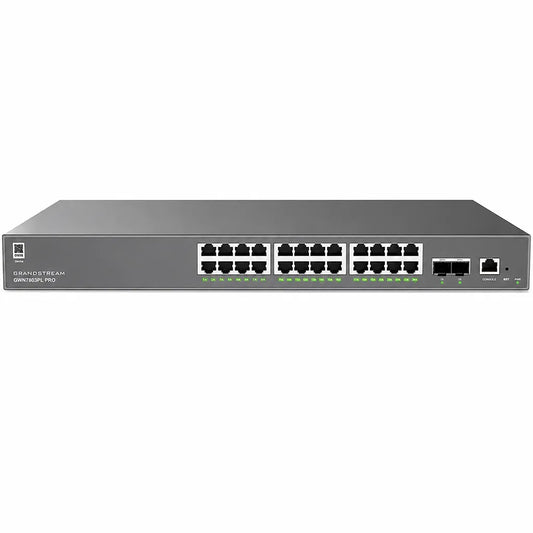 Front view of Grandstream GWN7803PL Pro 24-port Gigabit PoE+ managed network switch featuring dual 10Gb SFP+ uplink ports.