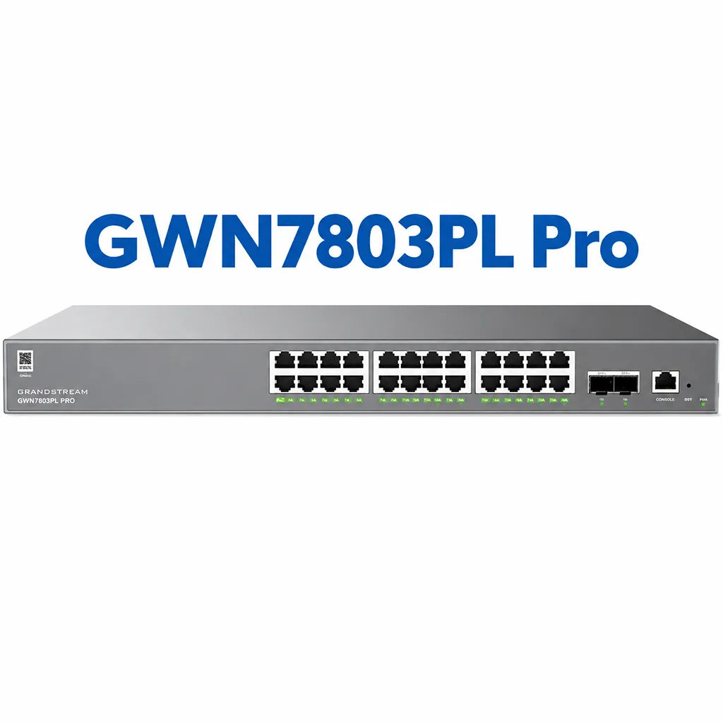 Grandstream GWN7803PL Pro Layer 2++ managed PoE+ network switch with 24 Gigabit Ethernet ports and dual 10Gb SFP+ uplinks front view.