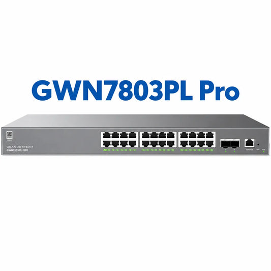 Grandstream GWN7803PL Pro Layer 2++ managed PoE+ network switch with 24 Gigabit Ethernet ports and dual 10Gb SFP+ uplinks front view.
