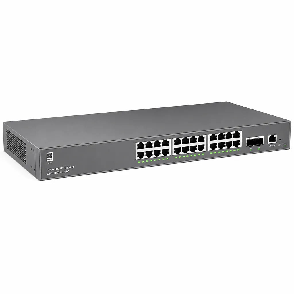 Left angle view of the Grandstream GWN7803PL Pro Layer 2++ managed PoE+ switch with 24 Gigabit Ethernet ports and dual SFP+ uplinks.