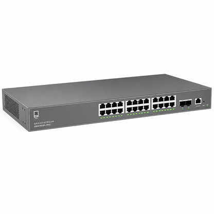 Left angle view of the Grandstream GWN7803PL Pro Layer 2++ managed PoE+ switch with 24 Gigabit Ethernet ports and dual SFP+ uplinks.