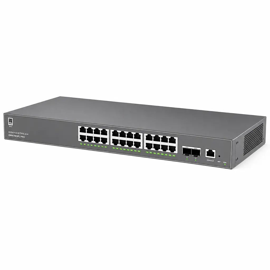 Right angle view of Grandstream GWN7803PL Pro managed Gigabit PoE+ switch designed for enterprise and business networking.