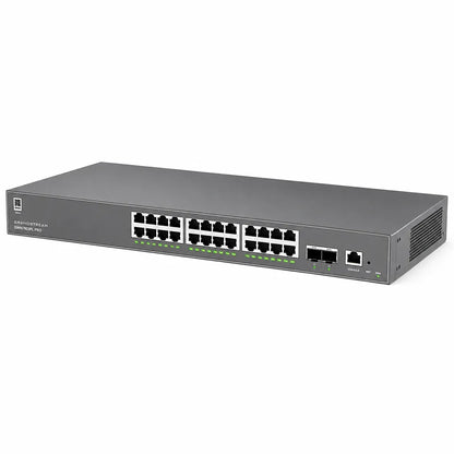 Right angle view of Grandstream GWN7803PL Pro managed Gigabit PoE+ switch designed for enterprise and business networking.