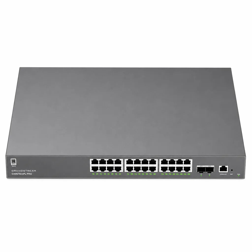 Top front view of the Grandstream GWN7803PL Pro managed PoE+ Ethernet switch with 24 Gigabit ports and 10Gb SFP+ uplinks.