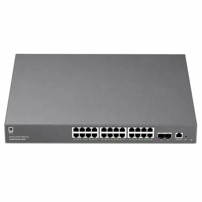 Top front view of the Grandstream GWN7803PL Pro managed PoE+ Ethernet switch with 24 Gigabit ports and 10Gb SFP+ uplinks.