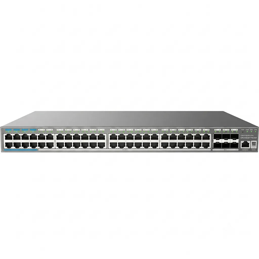 Front view of Grandstream GWN7806PH Pro managed PoE++ network switch featuring 48 Gigabit Ethernet ports and 6 x 10G SFP+ uplinks.