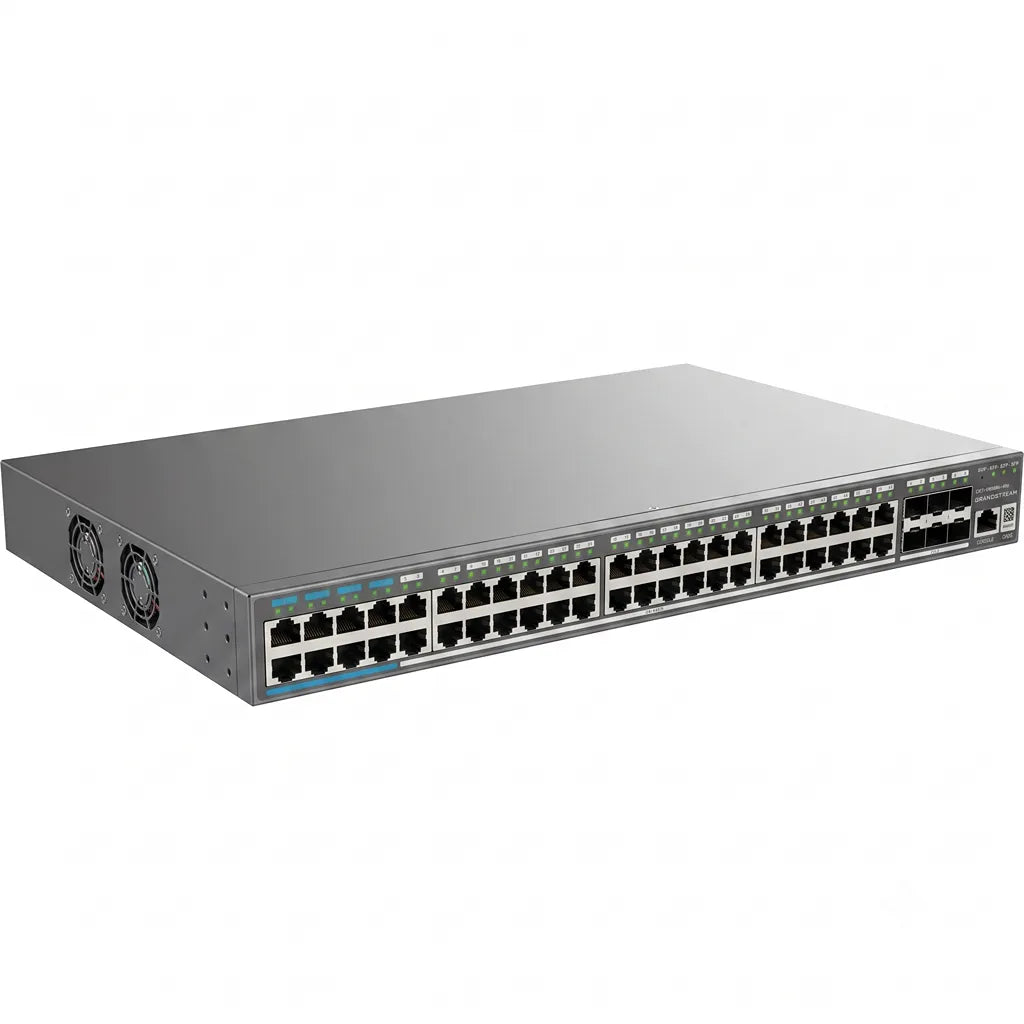 Left angled view of Grandstream GWN7806PH Pro 48 Port managed PoE++ switch designed for enterprise and business networks.