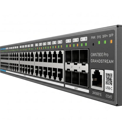 Close-up of the front panel on the Grandstream GWN7806PH Pro showing Gigabit RJ45 ports, 10G SFP+ uplinks, and LED status indicators.