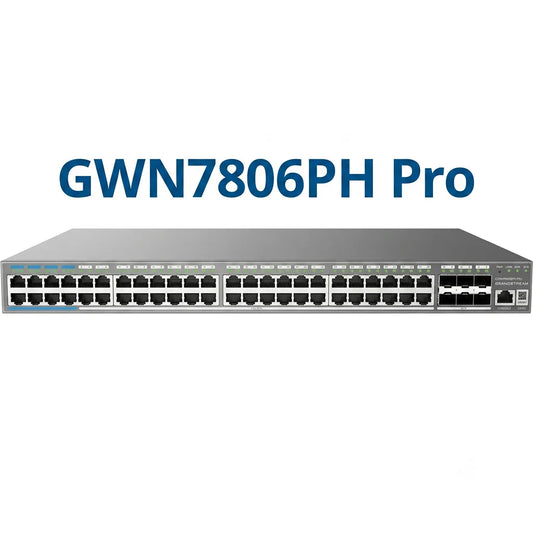 Grandstream GWN7806PH Pro Layer 2++ Managed PoE++ Network Switch hero image with 48 Gigabit ports and 6 x 10G SFP+ uplink ports on a white background.