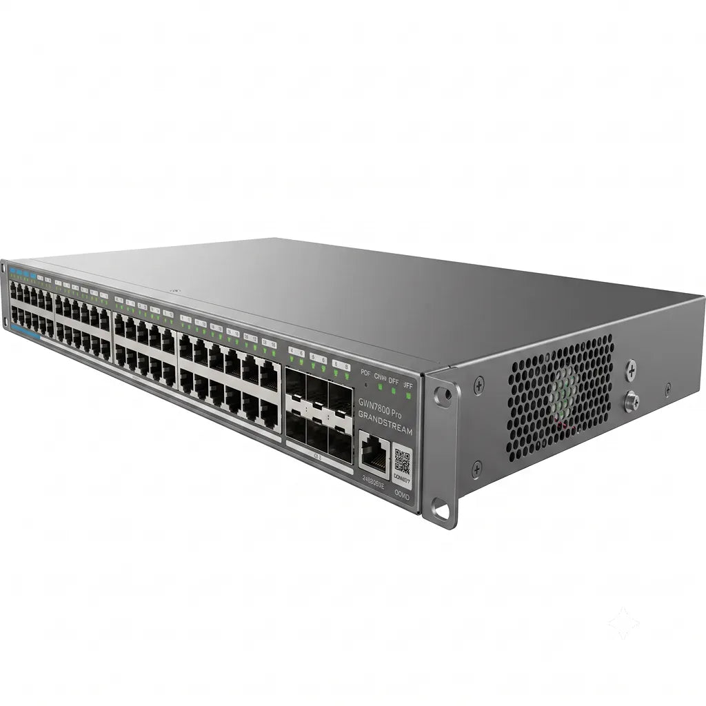 Angled front view of Grandstream GWN7806PH Pro Layer 2++ managed PoE++ switch with enterprise-grade Gigabit connectivity.