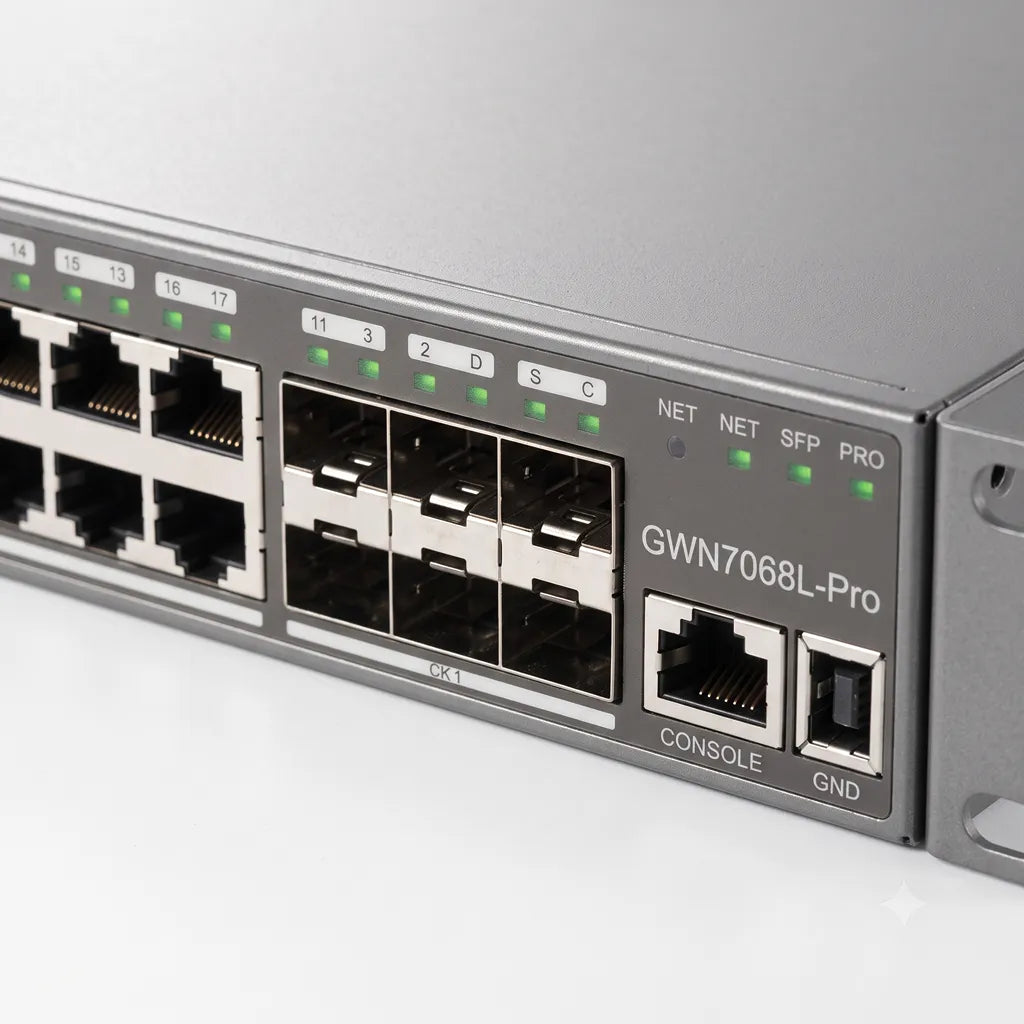 Angled front view of the Grandstream GWN7806PL Pro 48-Port Gigabit Managed PoE+ Switch with rack mount design and 10G SFP+ uplink ports.