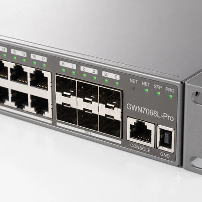 Angled front view of the Grandstream GWN7806PL Pro 48-Port Gigabit Managed PoE+ Switch with rack mount design and 10G SFP+ uplink ports.