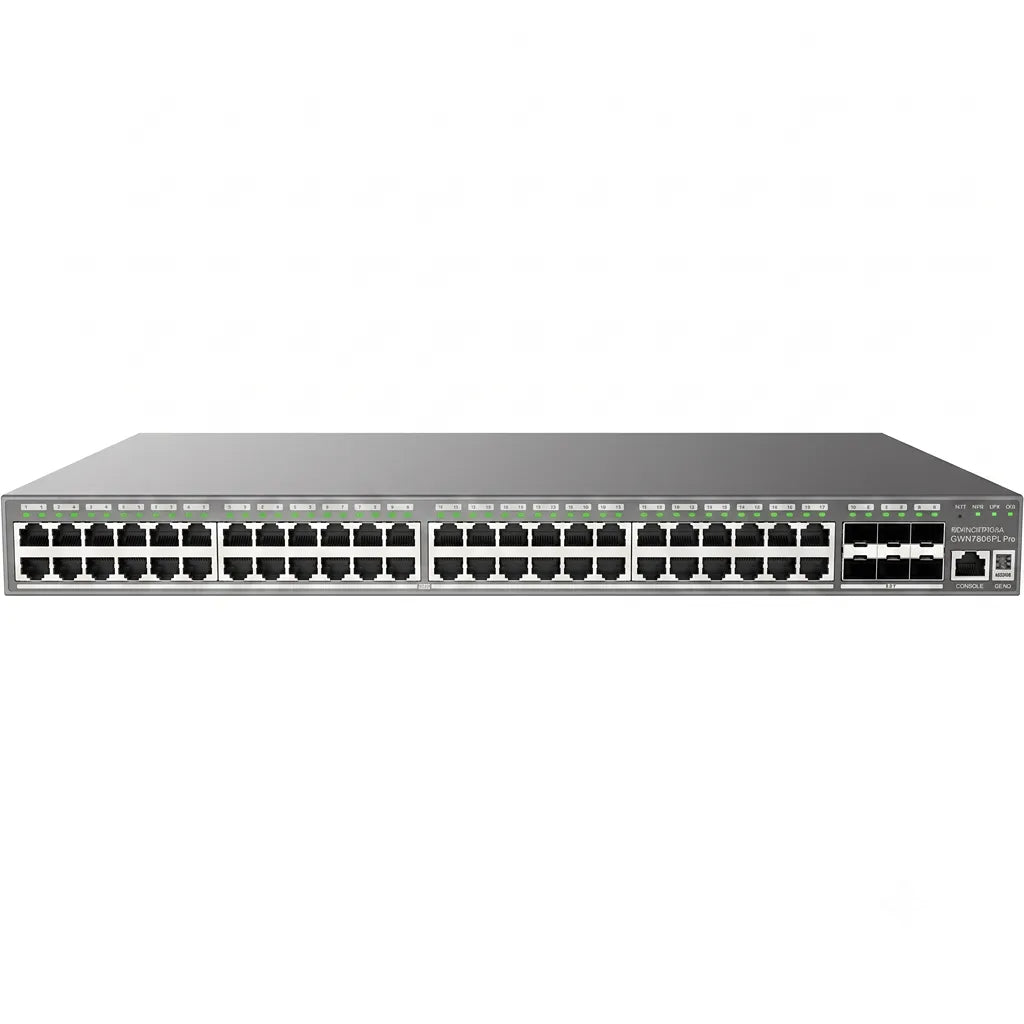 Full front view of the Grandstream GWN7806PL Pro managed network switch featuring 48 Gigabit PoE+ ports and 6 x 10G SFP+ uplinks.