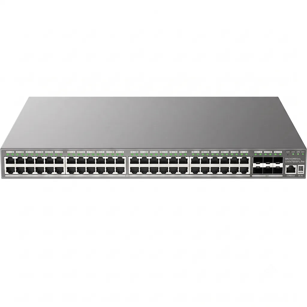 Grandstream GWN7806PL Pro 48-Port Layer 2++ Managed PoE+ Network Switch with 6 x 10G SFP+ uplink ports front view on a white background.