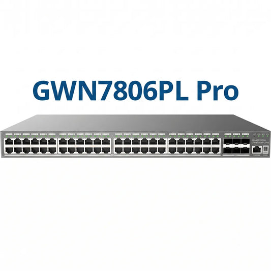 Grandstream GWN7806PL Pro 48-Port Layer 2++ Managed PoE+ Switch product banner displaying the front panel with Gigabit Ethernet ports.