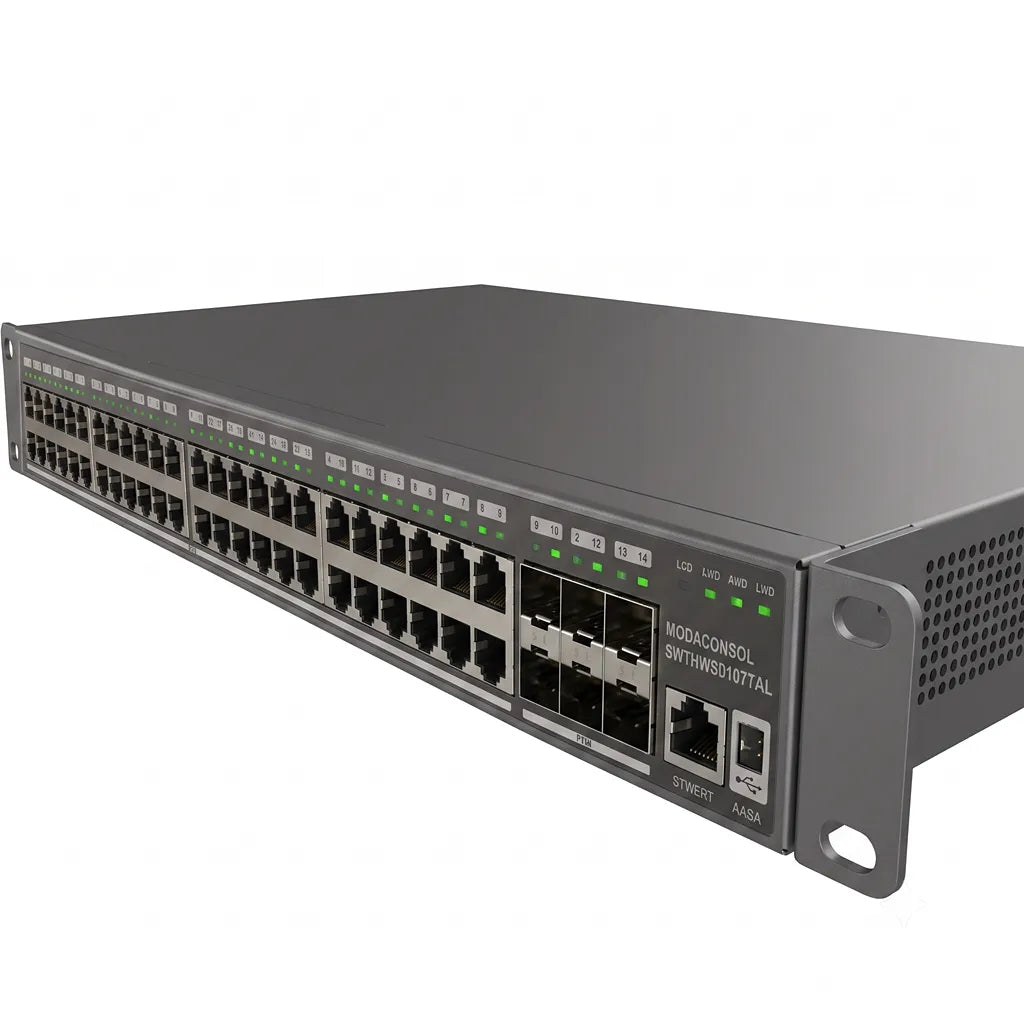 Close-up of the Grandstream GWN7806PL Pro showing the 10G SFP+ uplink ports, console port, and front panel connectivity.