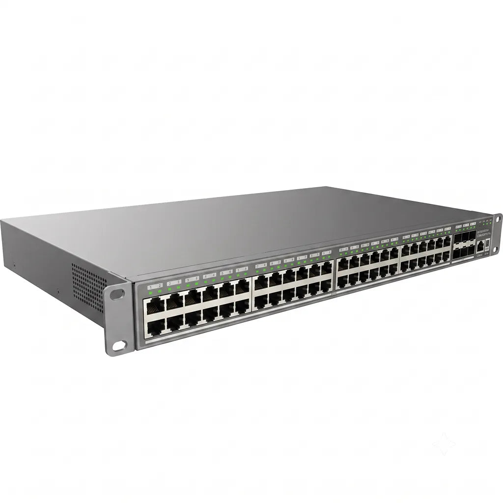 Left angled view of the Grandstream GWN7806PL Pro enterprise managed PoE+ switch with rack mount chassis and Gigabit Ethernet ports.