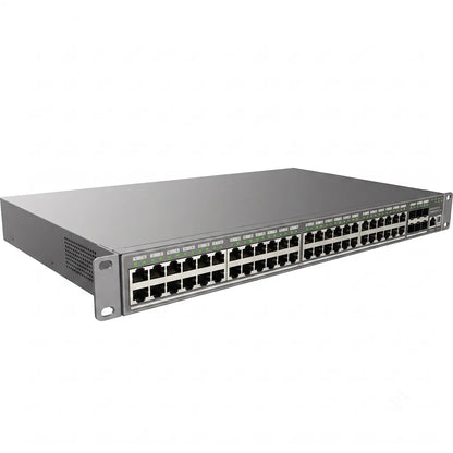 Left angled view of the Grandstream GWN7806PL Pro enterprise managed PoE+ switch with rack mount chassis and Gigabit Ethernet ports.