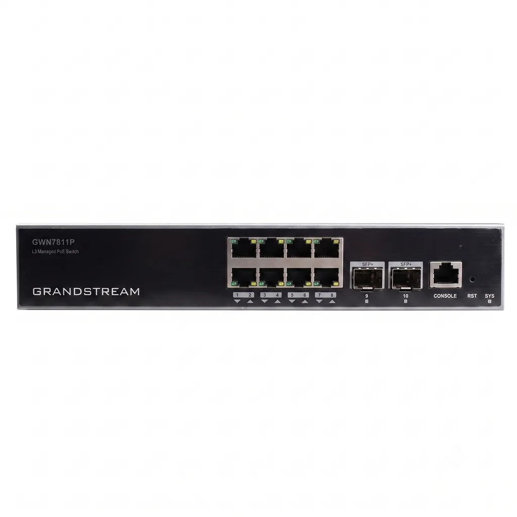 Grandstream GWN7811P Layer 3 managed PoE+ network switch front view with 8 Gigabit RJ45 ports and 2 x 10G SFP+ uplink ports.