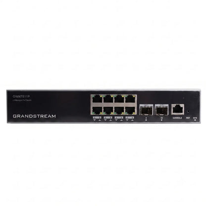 Grandstream GWN7811P Layer 3 managed PoE+ network switch front view with 8 Gigabit RJ45 ports and 2 x 10G SFP+ uplink ports.